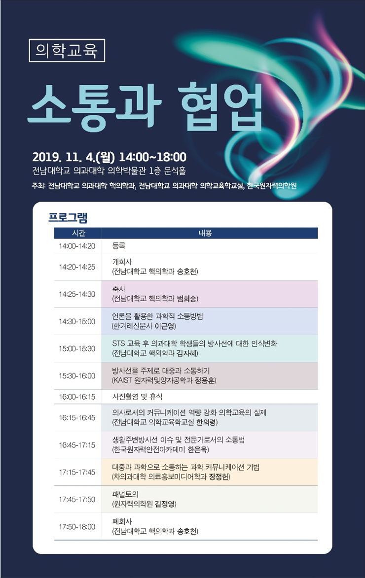 의학교육 - 소통과 협업 2019.11.4(월) 14:00 ~ 18:00/ 전남대학교 의과대학 의학박물관 1층 문석홀/ 주최 : 전남대학교 의과대학 핵의학과, 전남대학교 의과대학 의학교육학교실, 한국 원자력의학원 